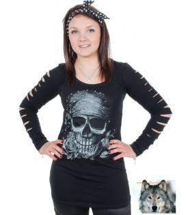 T-shirt manches longues skull pirate strass en relief
